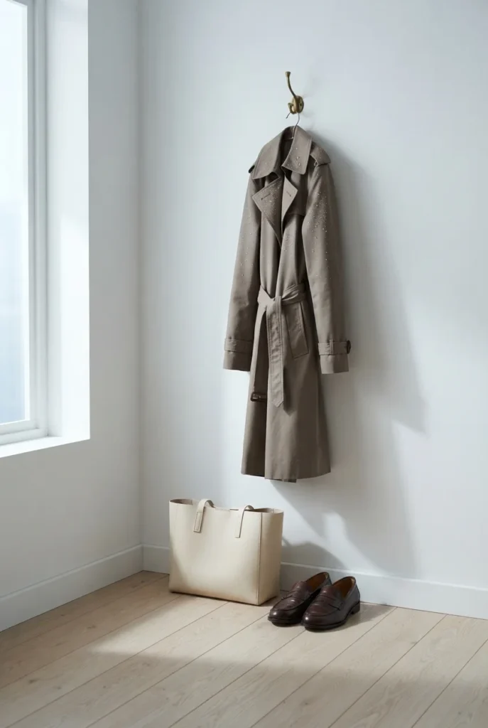 Wet trench coat on a hook beside a structured tote and dry loafers in an office.