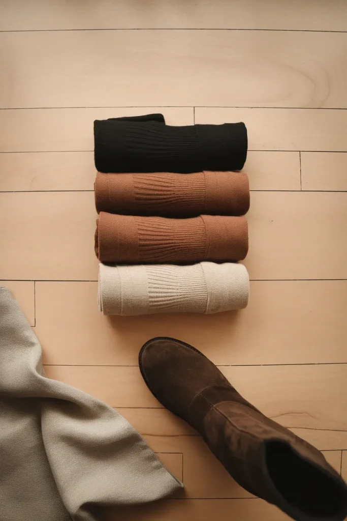 What tights to wear with brown boots black, coffee brown, and oatmeal tights beside a suede boot