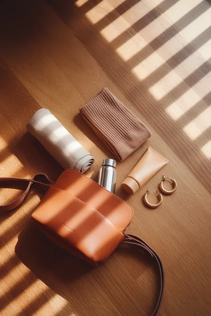 What to pack in a Disneyland bag crossbody, spare socks, scarf, water bottle, and sunscreen
