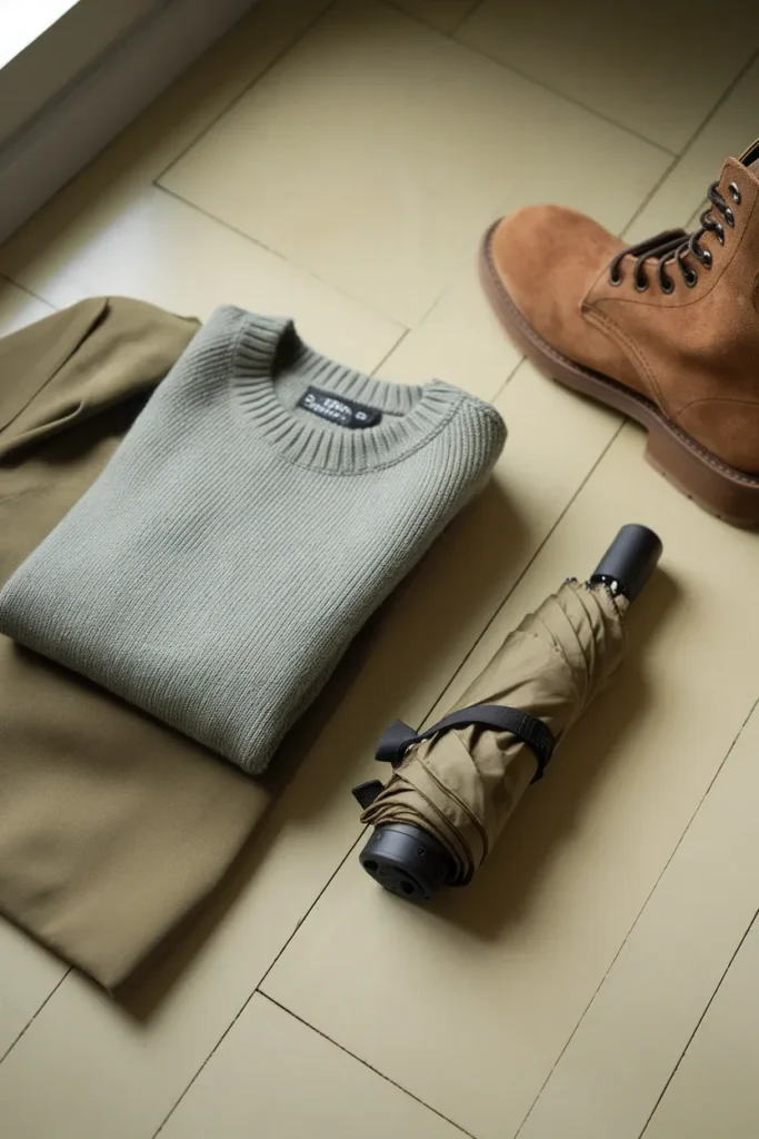 What to skip packing for Ireland suede boots and umbrella set aside for sage merino and olive shell.