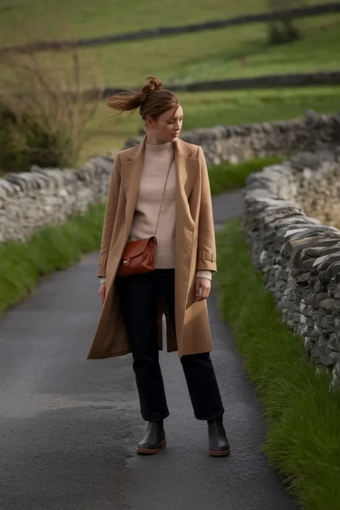 What to wear in Ireland merino sweater, camel trench, jeans, and waterproof boots on a stone lane.