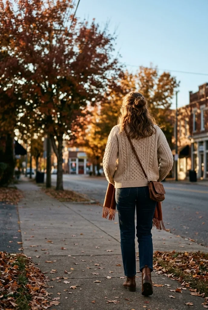 What to wear in Nashville in the fall, oatmeal sweater with dark jeans and brown boots