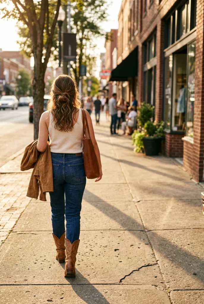 What to wear in Nashville, woman in dark denim, cream knit, and tan western boots at golden hour