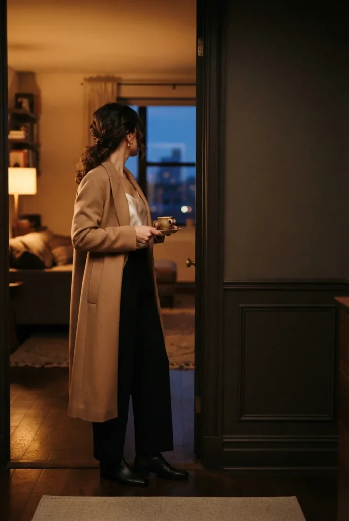 What to wear on New Year's Eve, camel coat over black wide-leg trousers and ivory satin camisole.