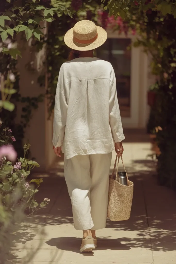 What to wear to Disneyland in summer loose linen shirt, cream trousers, straw hat, water bottle