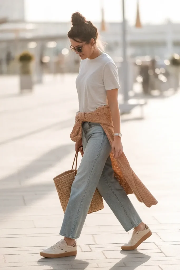What to wear to Disneyland white tee, straight-leg jeans, oat cardigan, cream walking sneakers