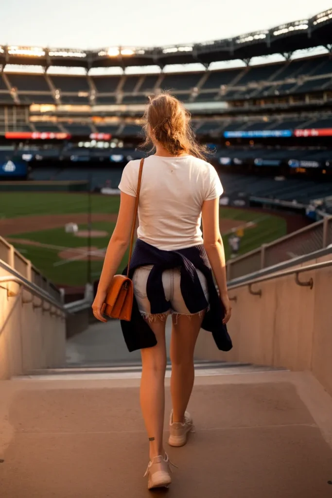 What to wear to a baseball game white tee, straight-leg jeans, navy cardigan, ivory sneakers