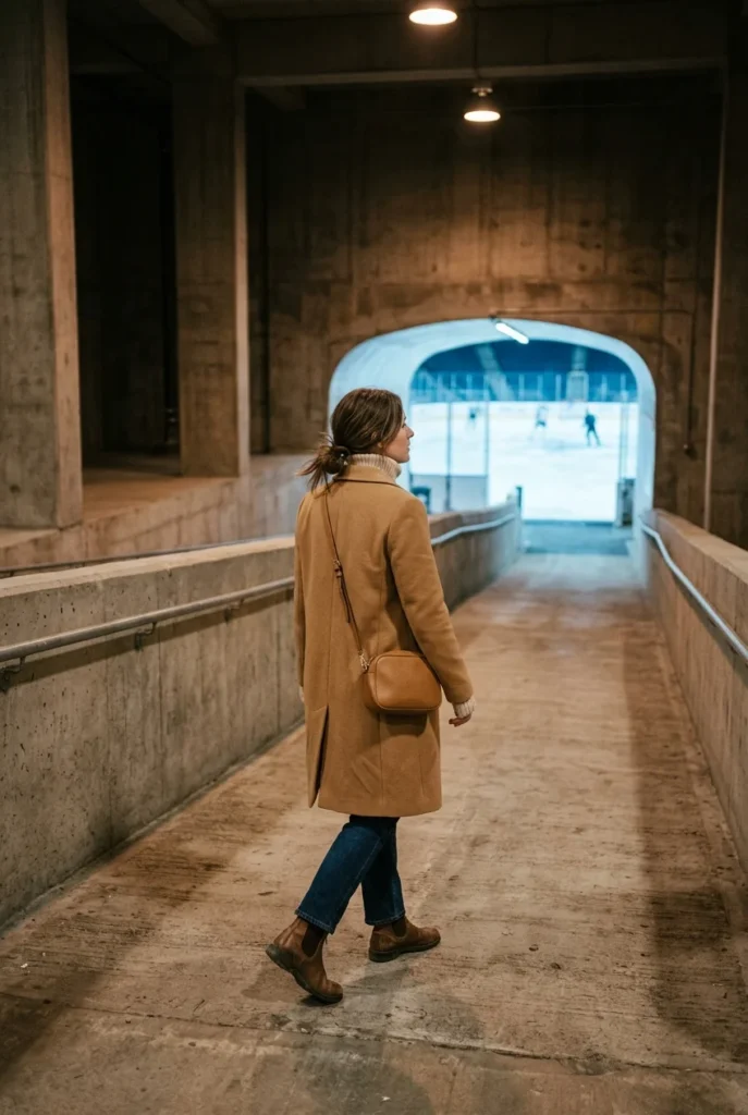 What to wear to a hockey game camel coat, turtleneck, jeans and brown boots at an arena.