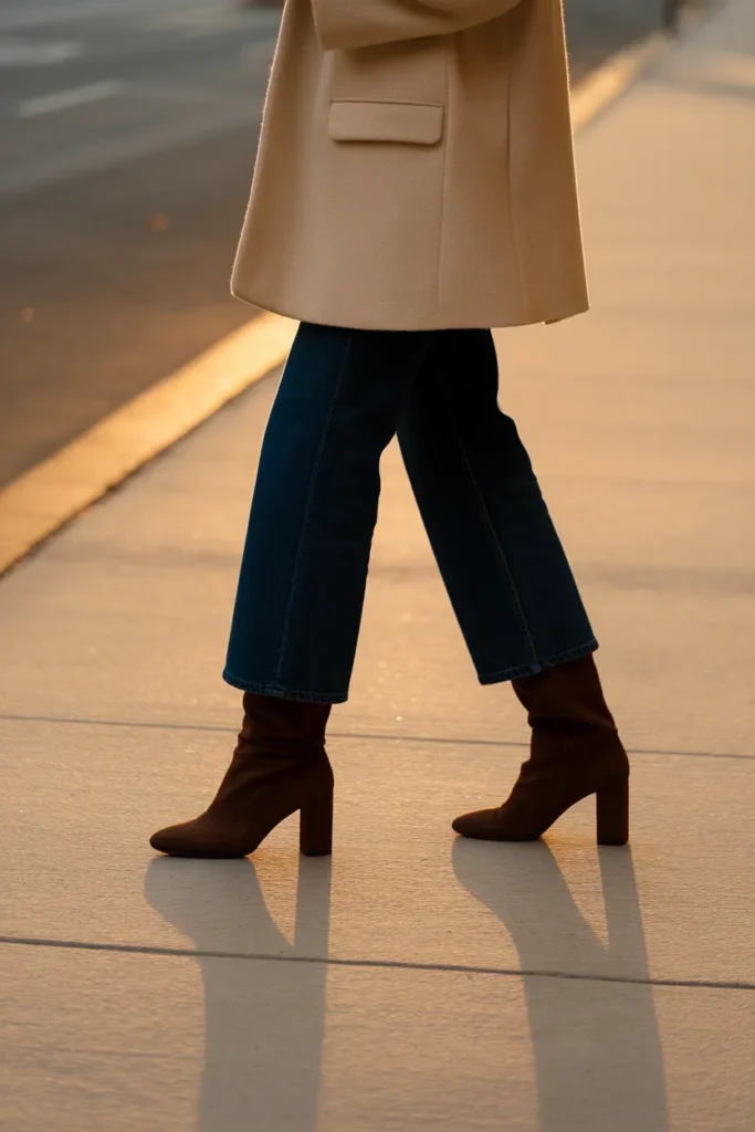 What to wear with brown boots dark straight jeans, cream wool coat, chocolate suede knee-high boots