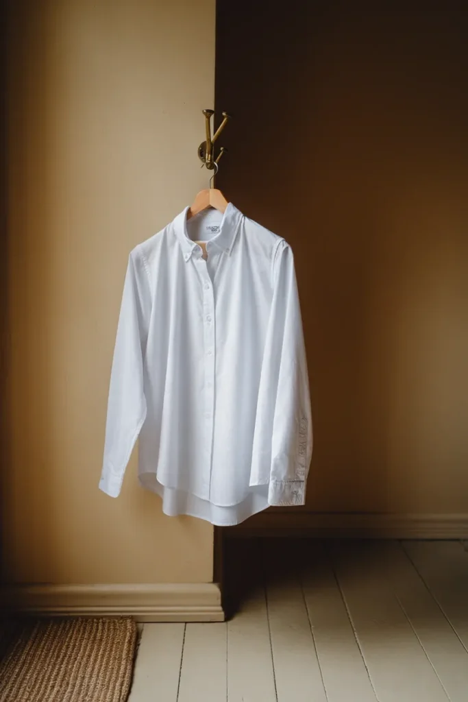 White button-down shirt in indirect window light showing cool white against warm ivory wall.