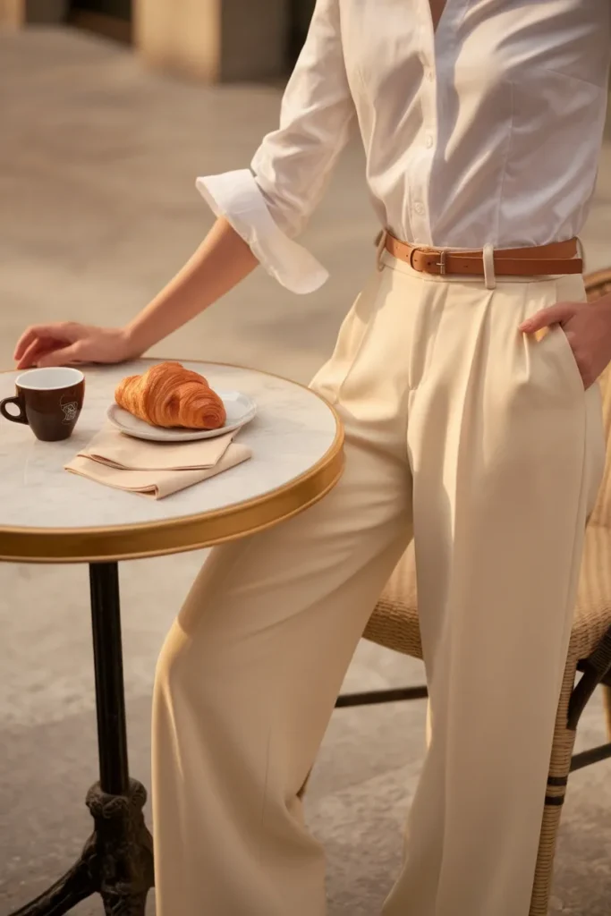 White button-down tucked into cream wide-leg trousers at an outdoor Easter brunch table