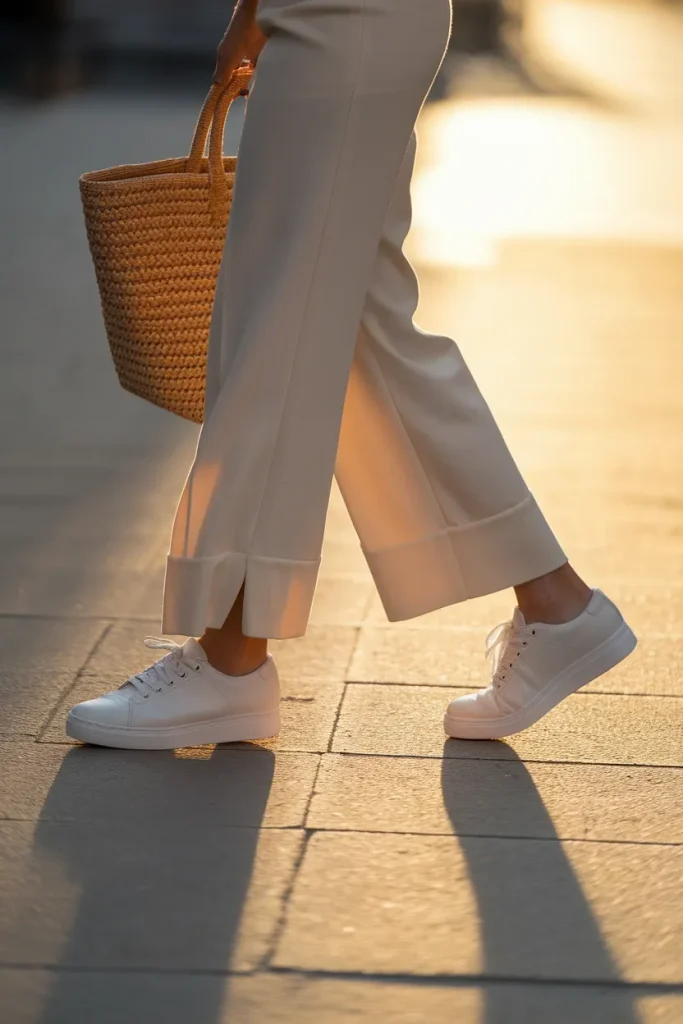 White leather sneakers worn with cream wide-leg trousers on a sunlit sidewalk