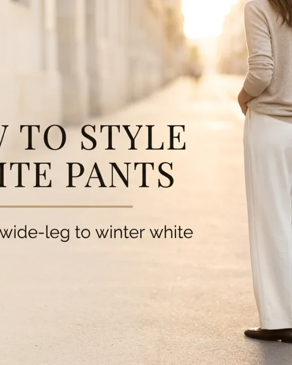 White pants outfit pin with burgundy knit and camel trench, text reading 9 ways to wear them