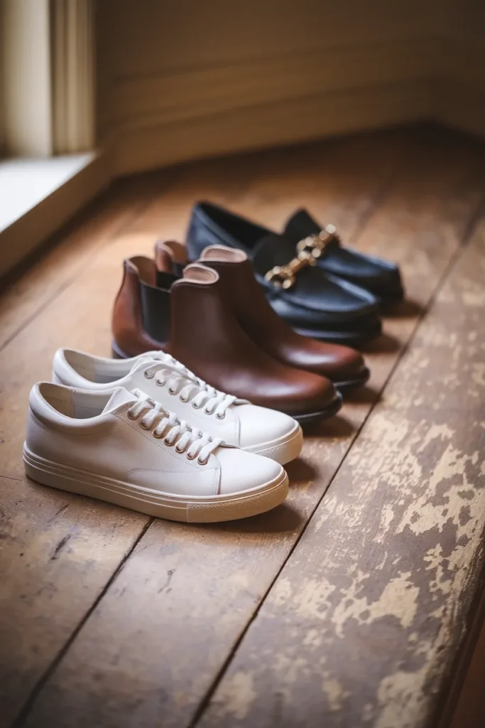 White sneakers, low block-heel ankle boots and black loafers lined up as concert shoe options