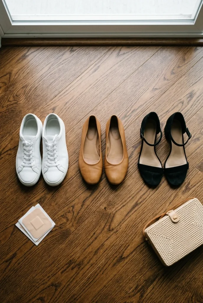 White sneakers, tan flats and black block heels arranged for a Las Vegas packing list