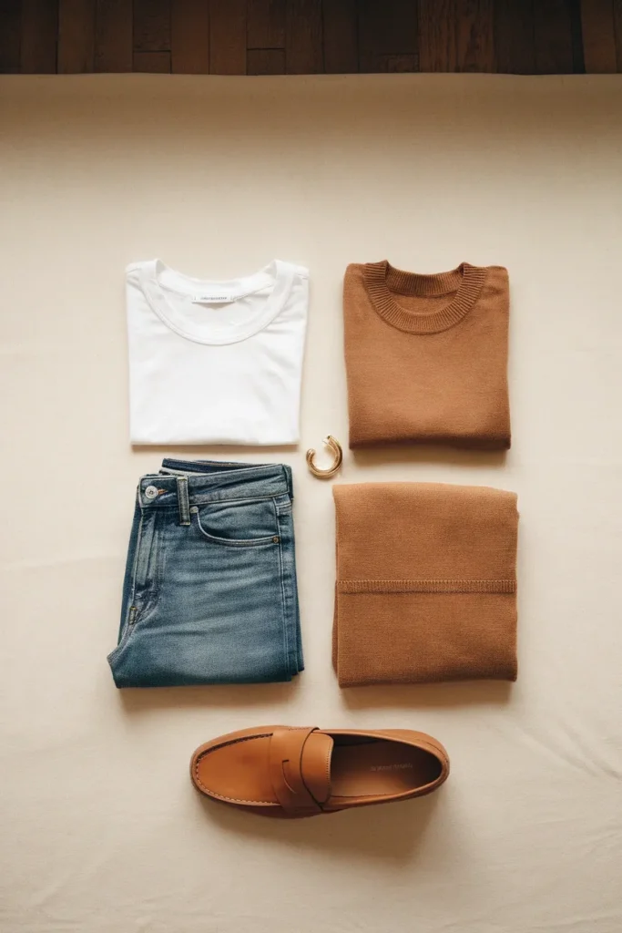 White tee, jeans, camel knit, gold hoops and tan loafer, the five wardrobe anchors per color season