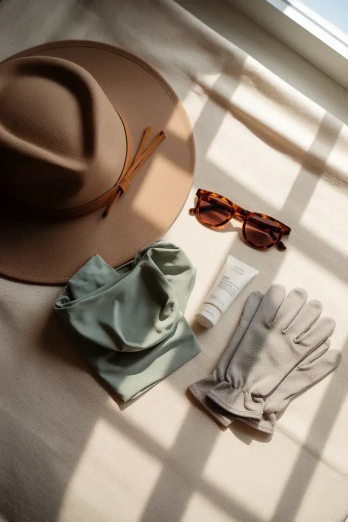Wide-brim hat, sage neck gaiter, sunglasses, sunscreen, and gloves arranged on cream linen.