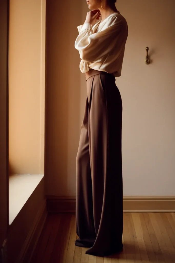 Wide leg espresso trousers with cream silk shell styled as a wedding guest outfit