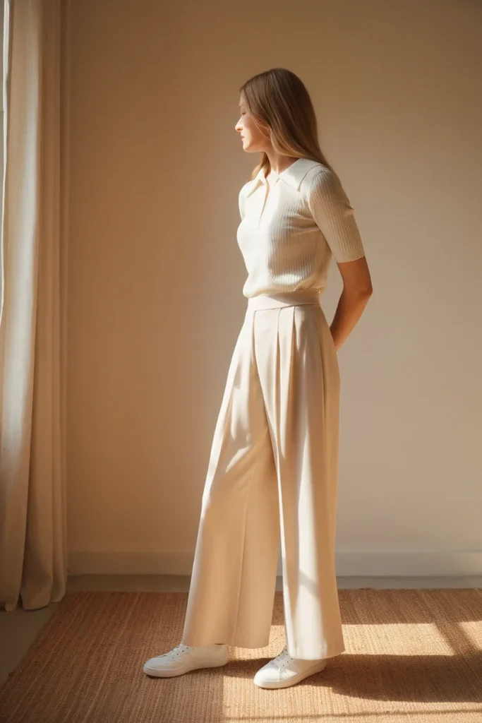 Wide-leg ivory trousers styled with a cream collared knit and white sneakers as a tenniscore alternative