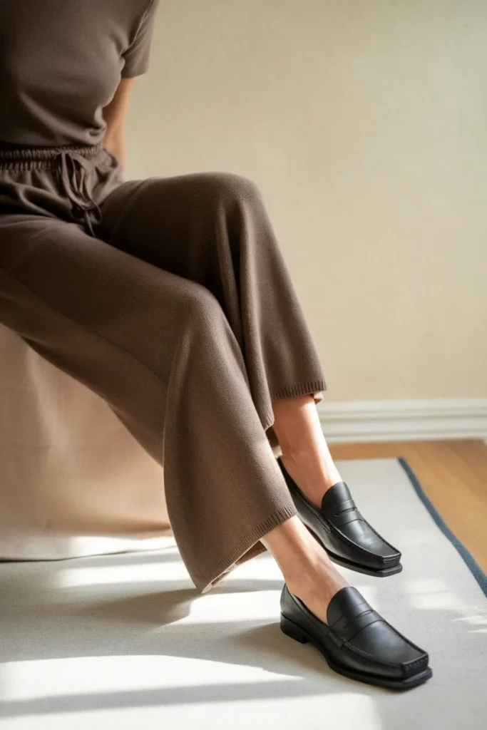 Wide-leg knit trousers and loafers, a comfortable long flight outfit for women