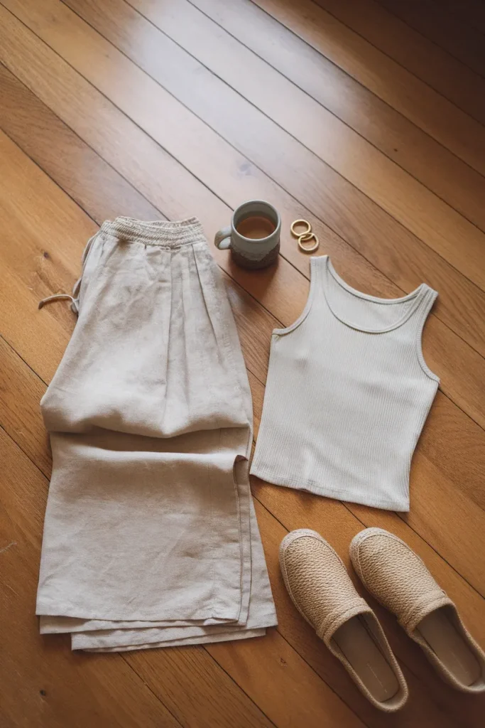 Wide-leg linen pants outfit with ribbed tank and espadrilles for casual boho chic style