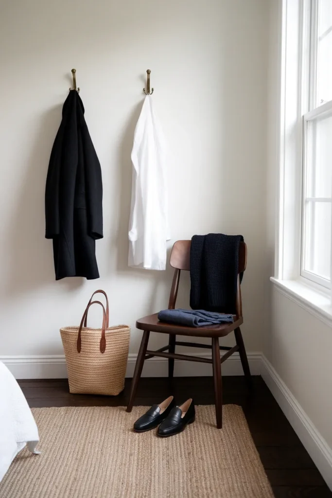 Winter capsule wardrobe pieces styled in a bedroom corner with black coat, white shirt and navy knit