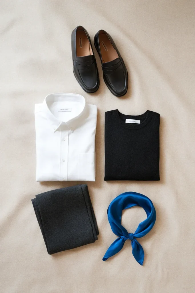 Winter color analysis flat lay with stark white shirt, true black knit, charcoal trousers, cobalt scarf