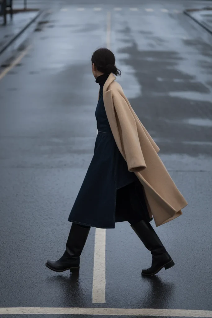 Winter denim dress outfit with black tights, tall boots, and oat wool coat