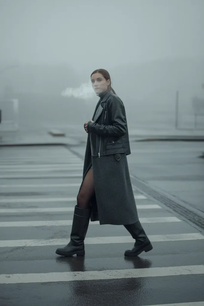 Winter indie sleaze outfit with long wool coat over leather jacket and tall black boots