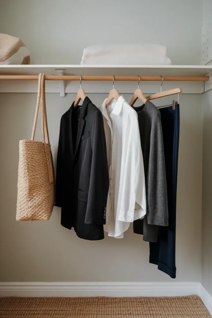 Winter neutral base wardrobe of black blazer, stark white shirt, charcoal knit and navy trousers