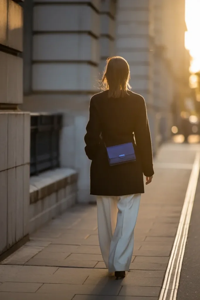 Winter palette outfit with black coat, white trousers and cobalt crossbody bag in golden hour light