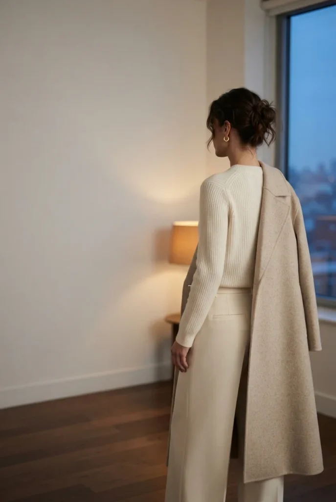 Winter white New Year's Eve outfit in ivory knit, cream trousers, and an oat wool coat.