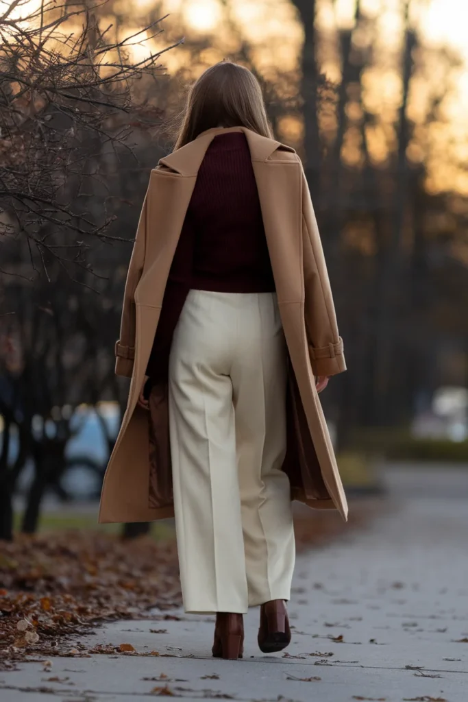 Winter white wide-leg pants with a burgundy knit, camel trench, and chocolate knee boots