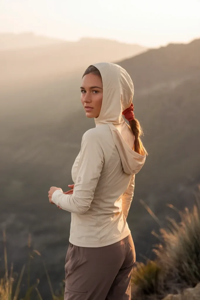 Woman at a trail overlook in a cream UPF sun hoody and taupe hiking pants, seen from behind.
