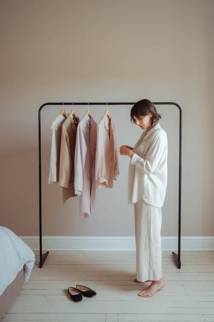 Woman buttoning a cream blouse with a camel midi skirt, a modest church outfit idea