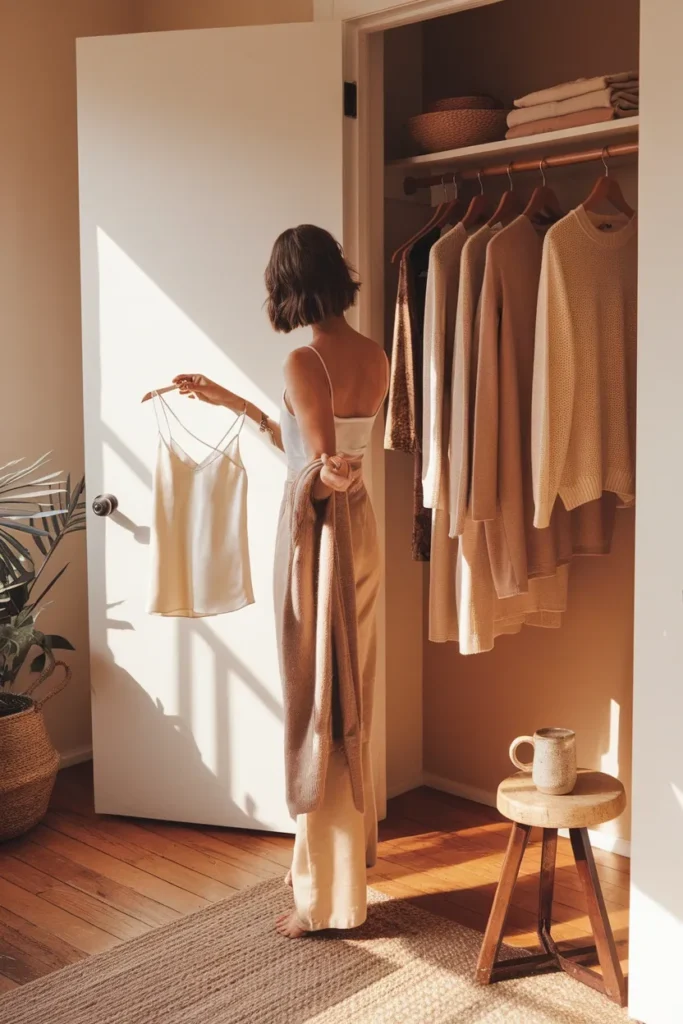 Woman choosing between a cream camisole and camel cardigan for a first date outfit