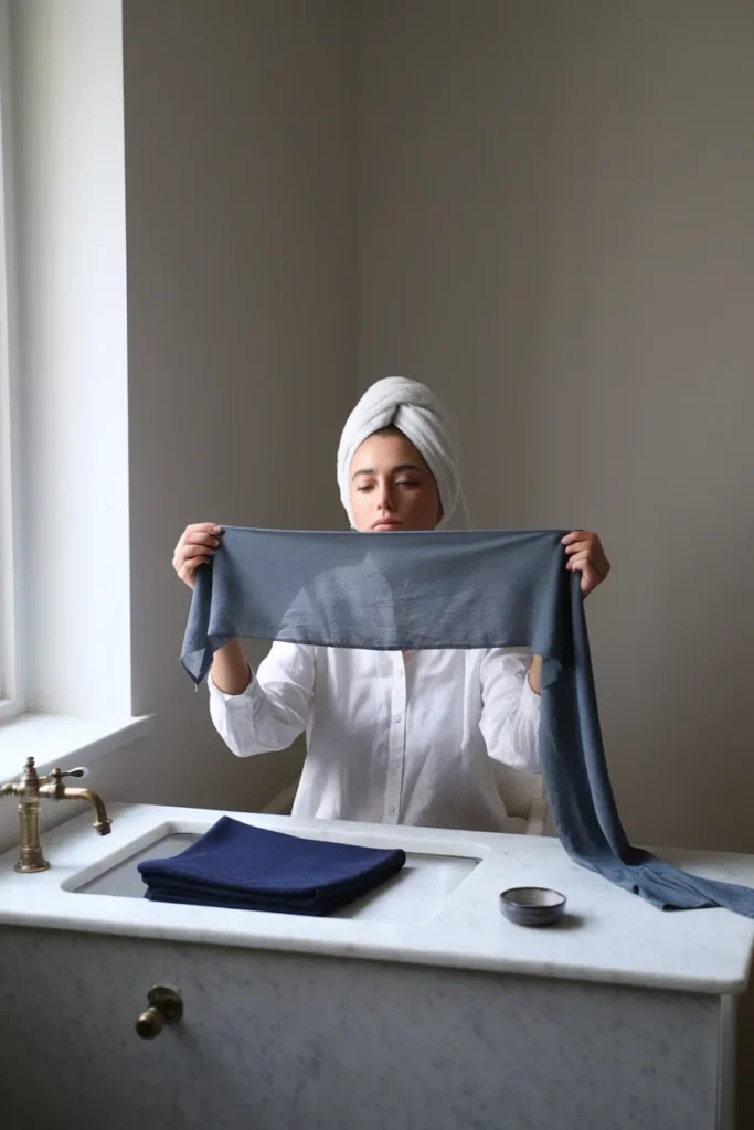 Woman draping dusty blue fabric under her chin at a vanity in daylight to test her color season.