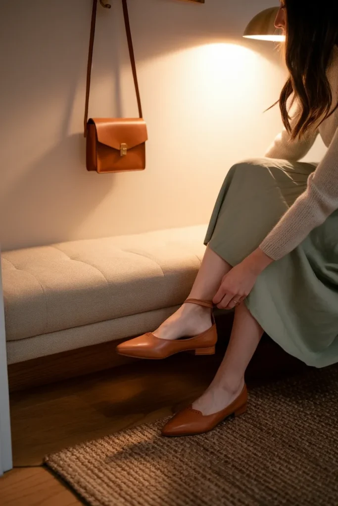 Woman fastening a tan leather flat on an entryway bench before leaving for a baby shower