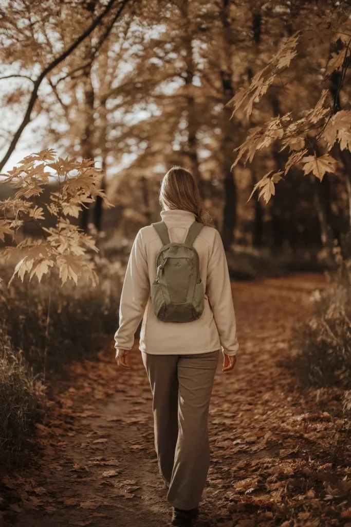 Woman hiking a fall trail in an oatmeal fleece, cream base layer, and taupe pants among golden maples.