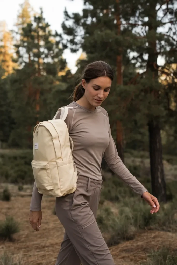 Woman hiking a forest trail in a neutral oat sun shirt and taupe quick-dry hiking pants at golden hour.