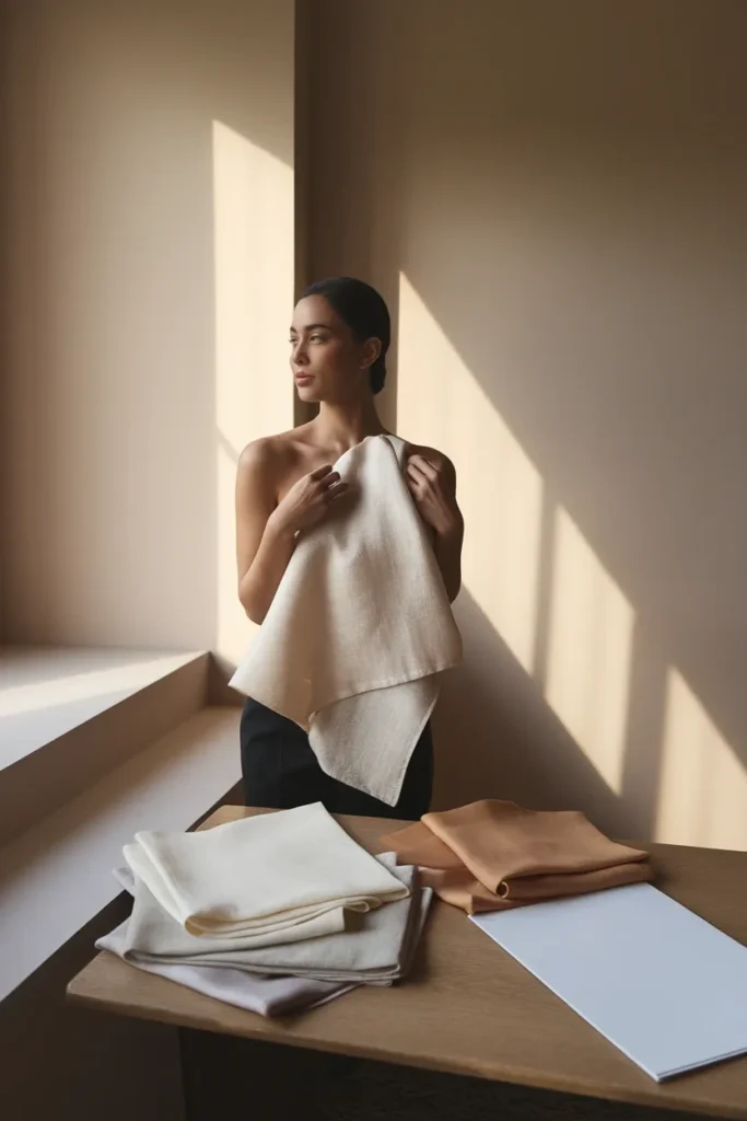 Woman holding an ivory scarf to her collarbone in window light for a color analysis test at home