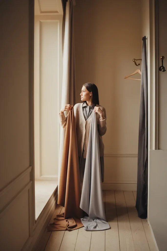 Woman holding camel and gray fabric near her face in daylight during an at-home color analysis test.