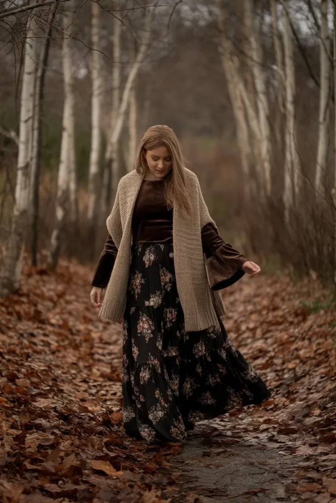 Woman in a black floral maxi skirt and espresso velvet bell sleeve top walking a leafy fall path in whimsigoth style