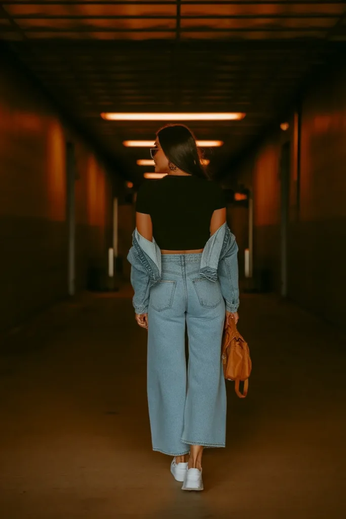 Woman in a black tee, wide-leg jeans and white sneakers walking toward an arena entrance before a concert