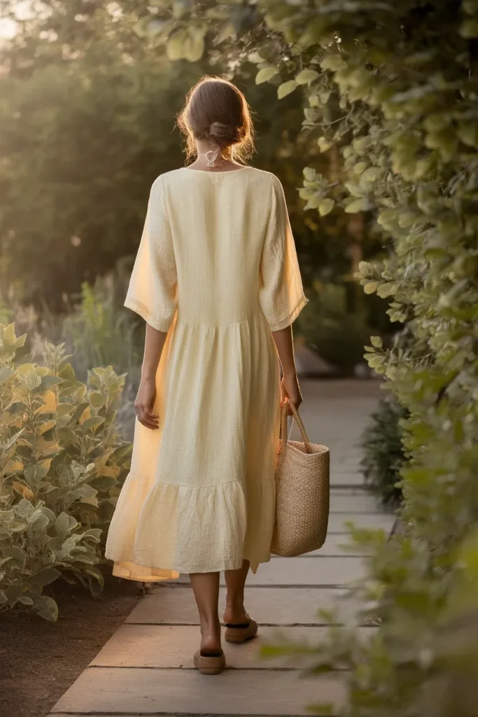 Woman in a butter yellow linen midi dress walking a garden path in golden hour backlight