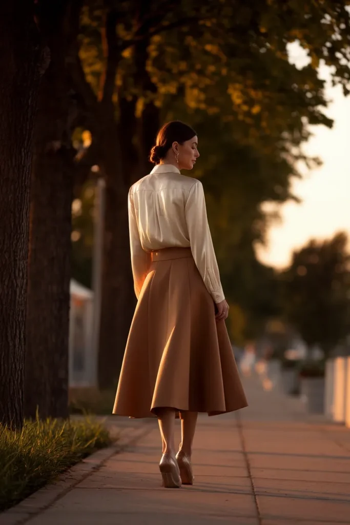 Woman in a camel midi skirt and cream blouse walking outside, a church outfit formula in neutrals