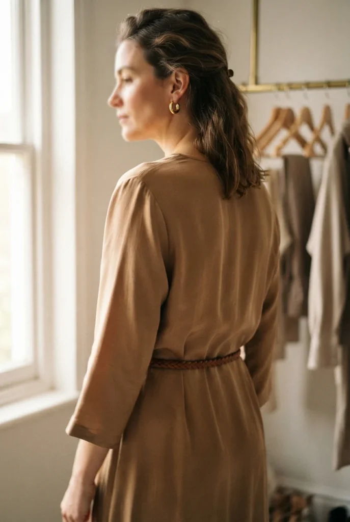 Woman in a camel silk midi dress and leather belt turned toward soft bedroom window light