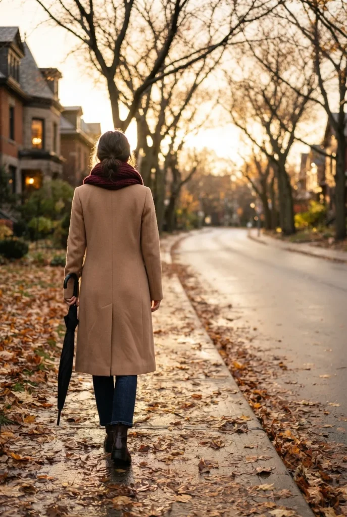 Woman in a camel wool coat and lug-sole boots walking a wet leaf-covered street in fall.