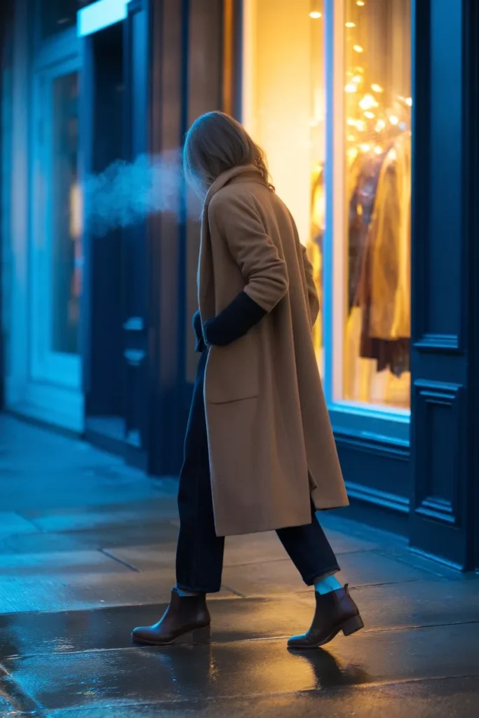 Woman in a camel wool coat, black sweater, dark denim and ankle boots walking to a winter concert