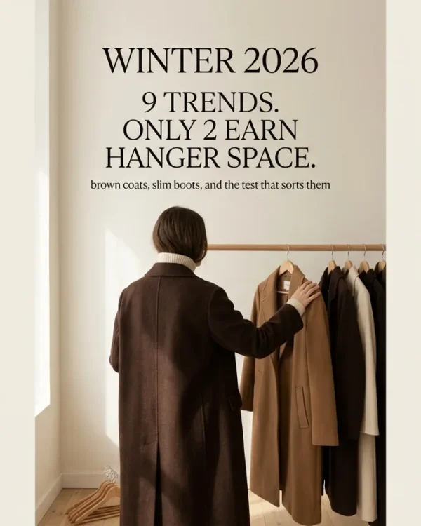 Woman in a chocolate wool coat at a clothing rail, winter fashion trends 2026 featured image